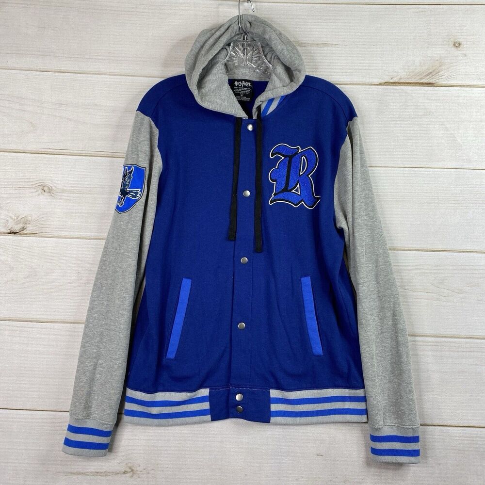 Harry Potter Men's Varsity Jacket Sz M Blue Gray Ravenclaw Hooded Snap Up Front